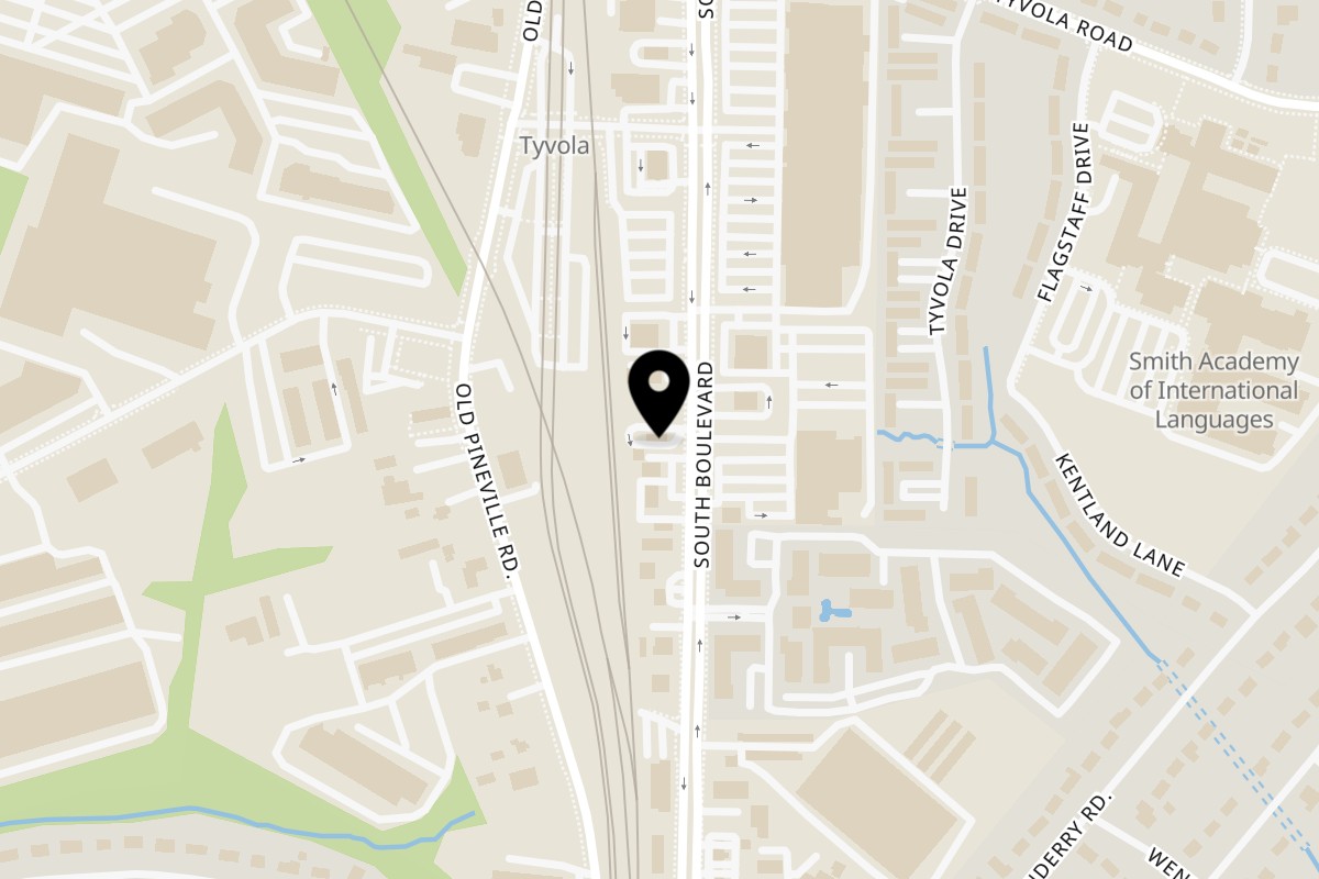 Map showing the location of Romeo’s Vegan Burgers Charlotte on 5518 South Blvd in Charlotte