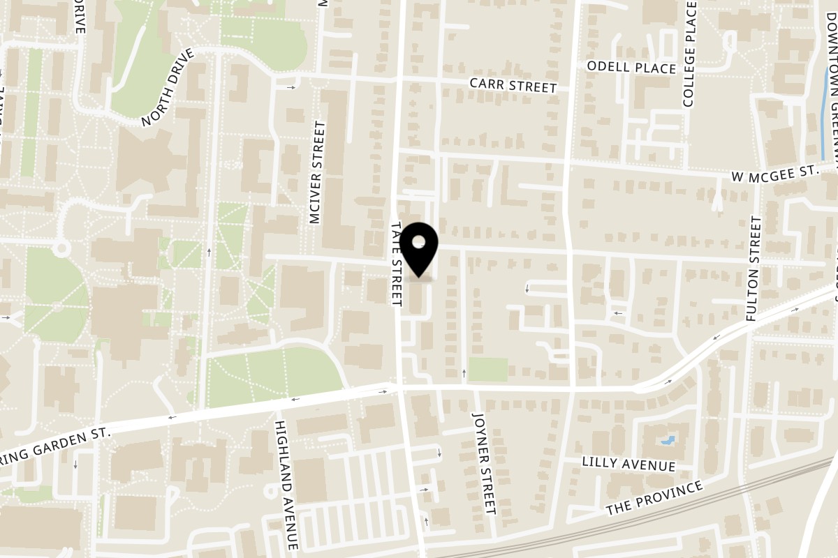 Map showing the location of Romeo’s Vegan Burgers Greensboro on 413 Tate St in Greensboro